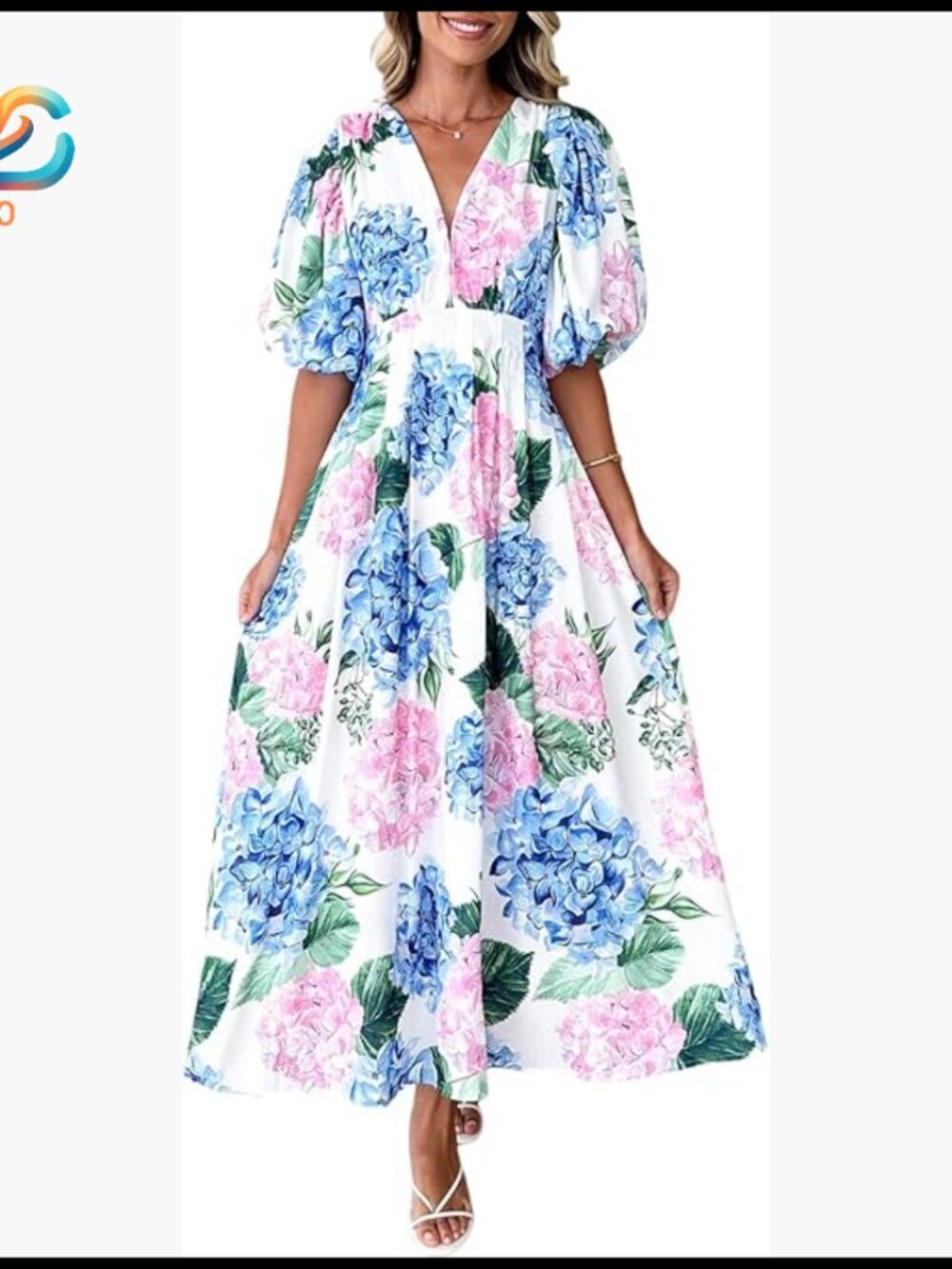 Floral Maxi Dress with V-Neck, Short Sleeves, High Waist, Backless Design
